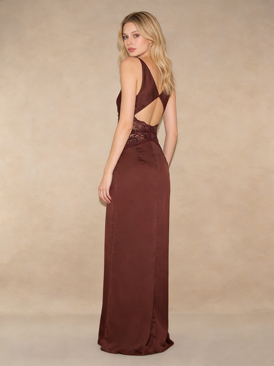Sexy Satin Lace Cutout Maxi Satin Evening Party Gown