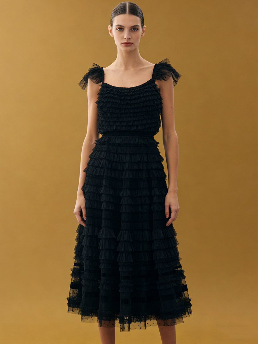 A-Line Square Neck Tulle Midi Dress with Tiered Ruffles for Wedding Guest