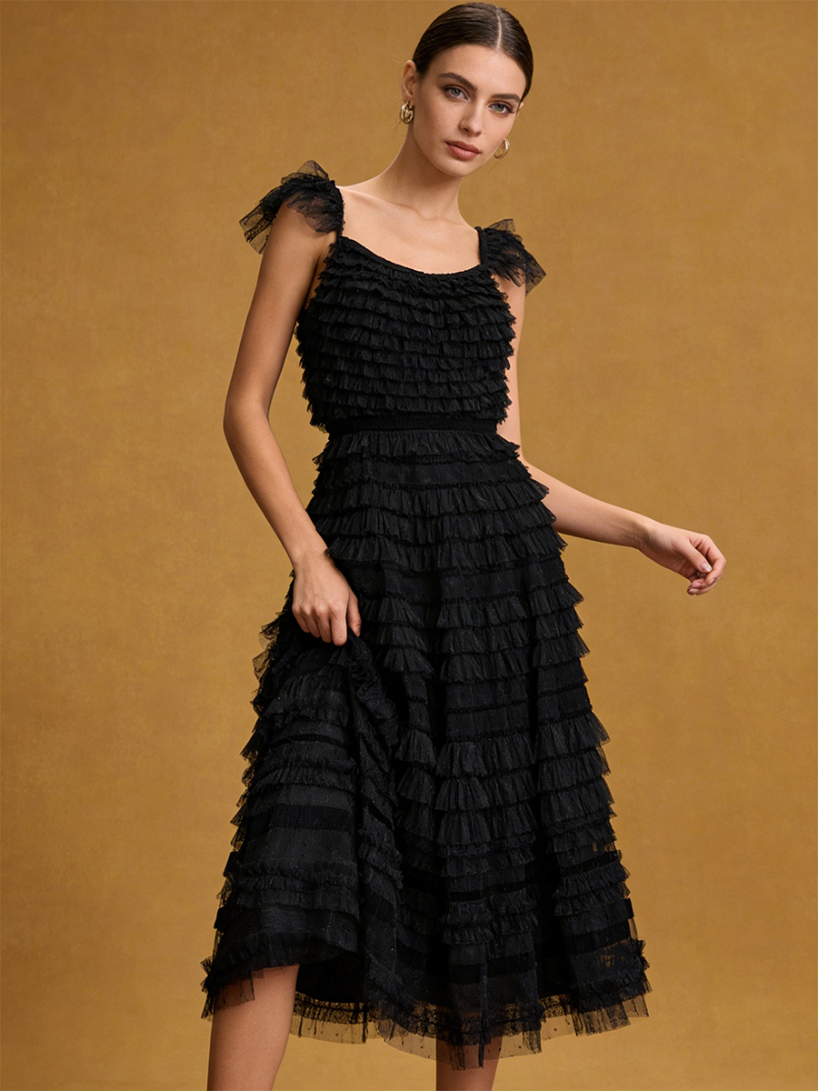A-Line Square Neck Tulle Midi Dress with Tiered Ruffles for Wedding Guest