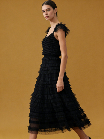 A-Line Square Neck Tulle Midi Dress with Tiered Ruffles for Wedding Guest