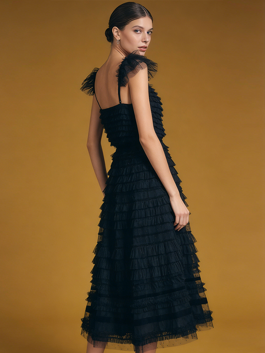 A-Line Square Neck Tulle Midi Dress with Tiered Ruffles for Wedding Guest