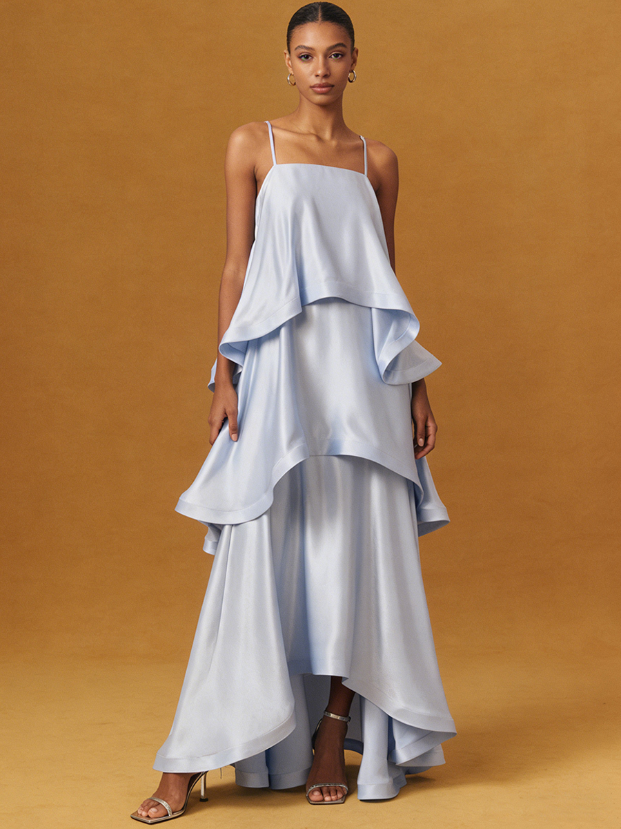 A-Line Square Neck Satin Floor-Length Dress with Tiered Ruffle for Wedding Guest