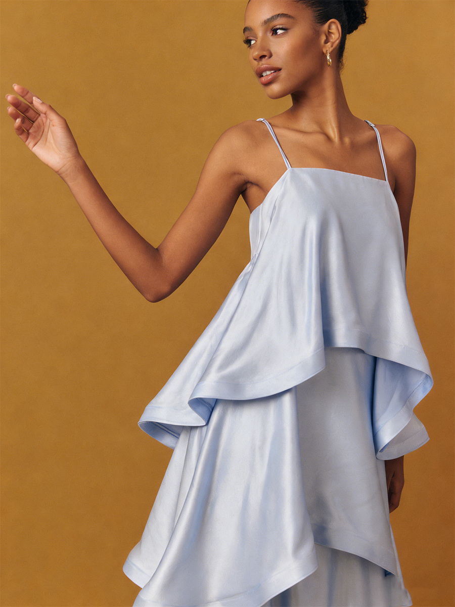 A-Line Square Neck Satin Floor-Length Dress with Tiered Ruffle for Wedding Guest