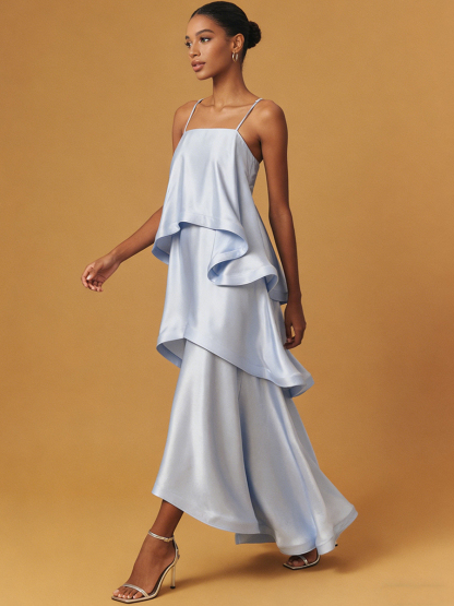 A-Line Square Neck Satin Floor-Length Dress with Tiered Ruffle for Wedding Guest
