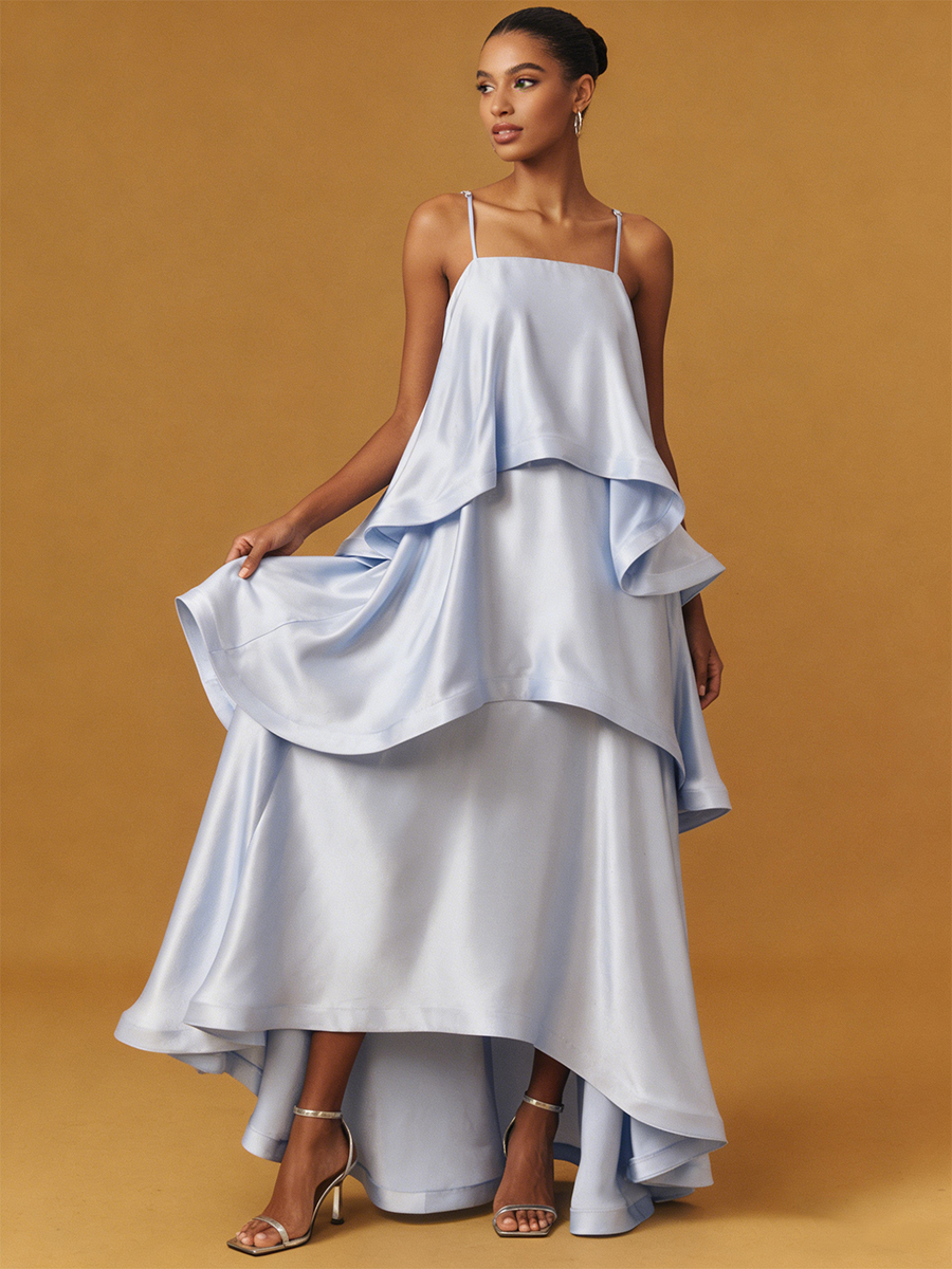 A-Line Square Neck Satin Floor-Length Dress with Tiered Ruffle for Wedding Guest