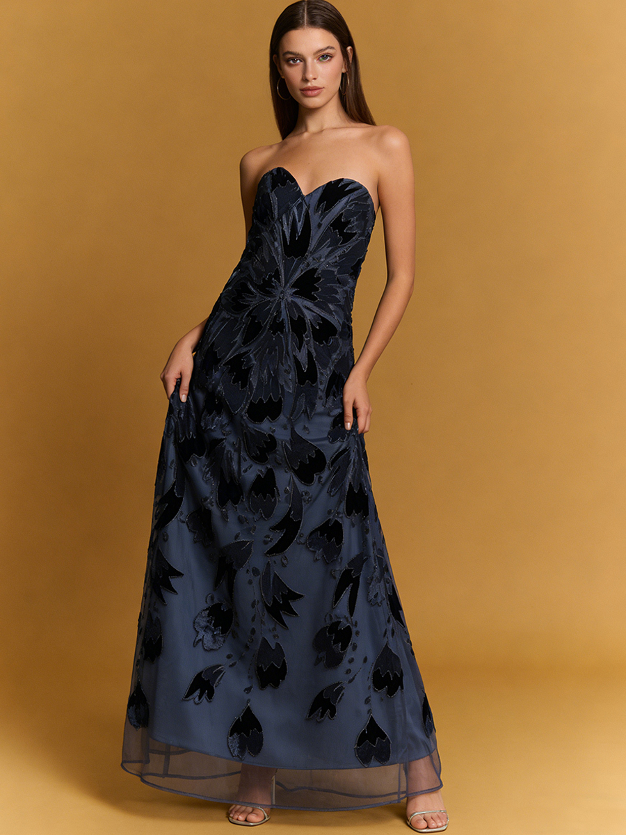 A-Line Strapless Tulle Floor-Length Dress with Velvet Floral for Wedding Guest