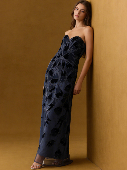 A-Line Strapless Tulle Floor-Length Dress with Velvet Floral for Wedding Guest