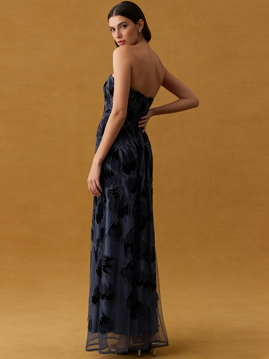 A-Line Strapless Tulle Floor-Length Dress with Velvet Floral for Wedding Guest