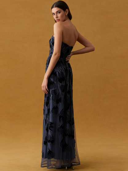 A-Line Strapless Tulle Floor-Length Dress with Velvet Floral for Wedding Guest
