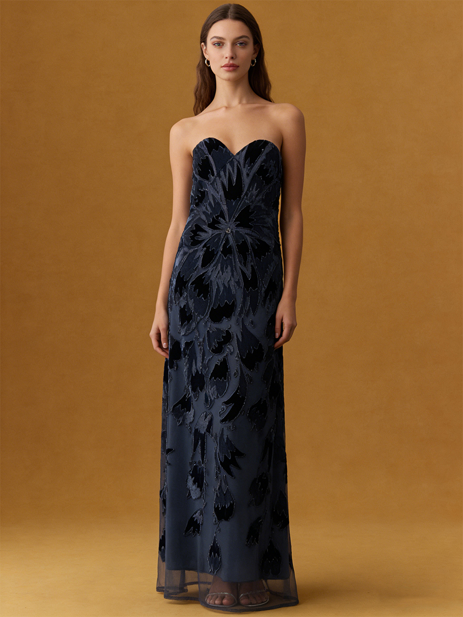 A-Line Strapless Tulle Floor-Length Dress with Velvet Floral for Wedding Guest