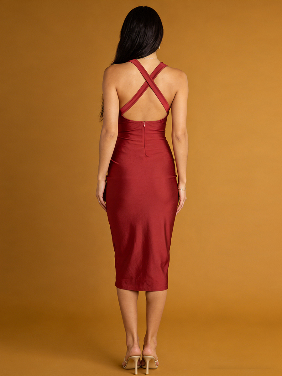Sheath Halter V-Neck Satin Midi Dress with Ruched Bodice & Front Slit for Wedding Guest