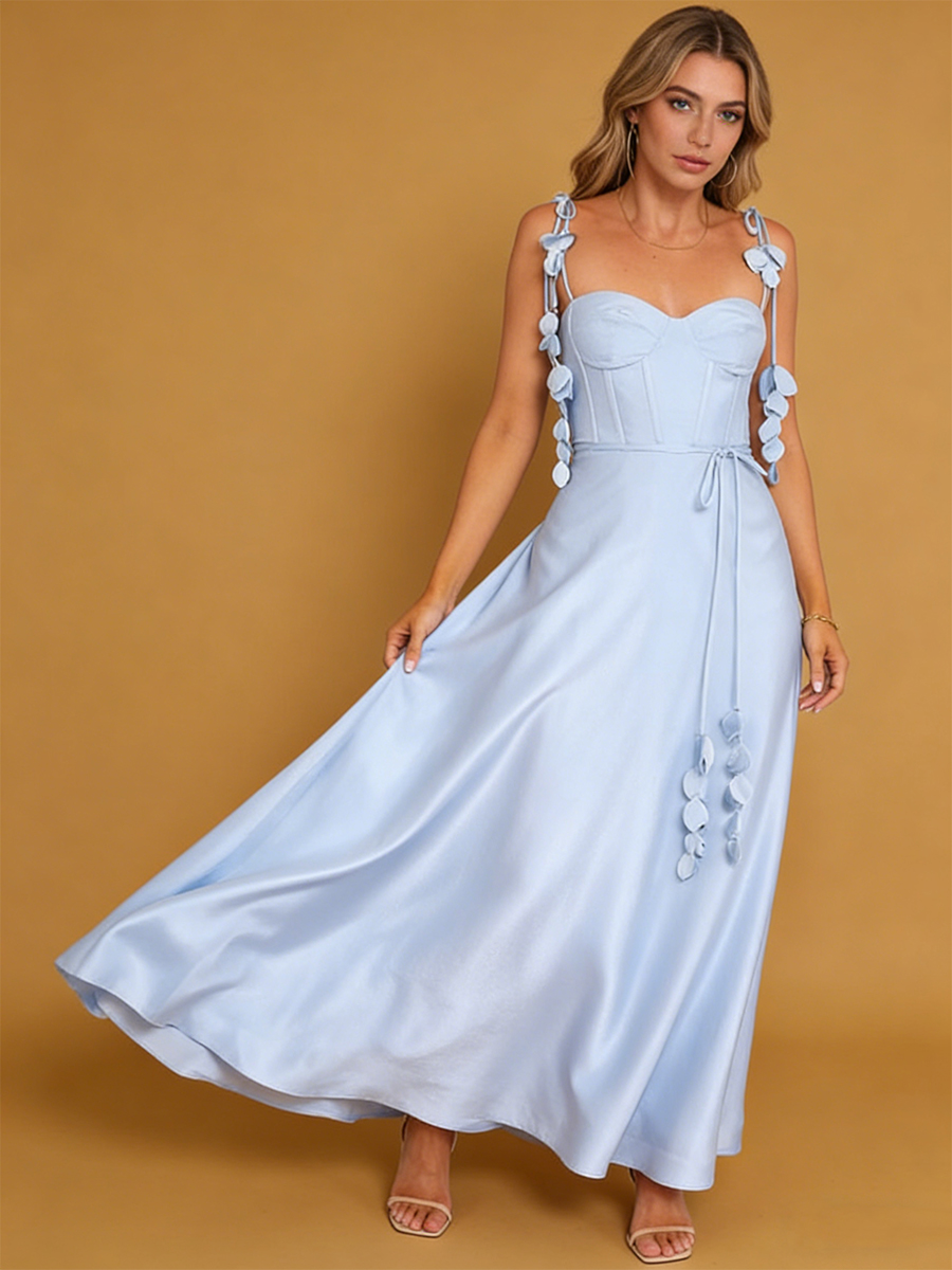 A-Line Sweetheart Neckline Maxi Dress with 3D Floral Appliqué for Wedding Guest