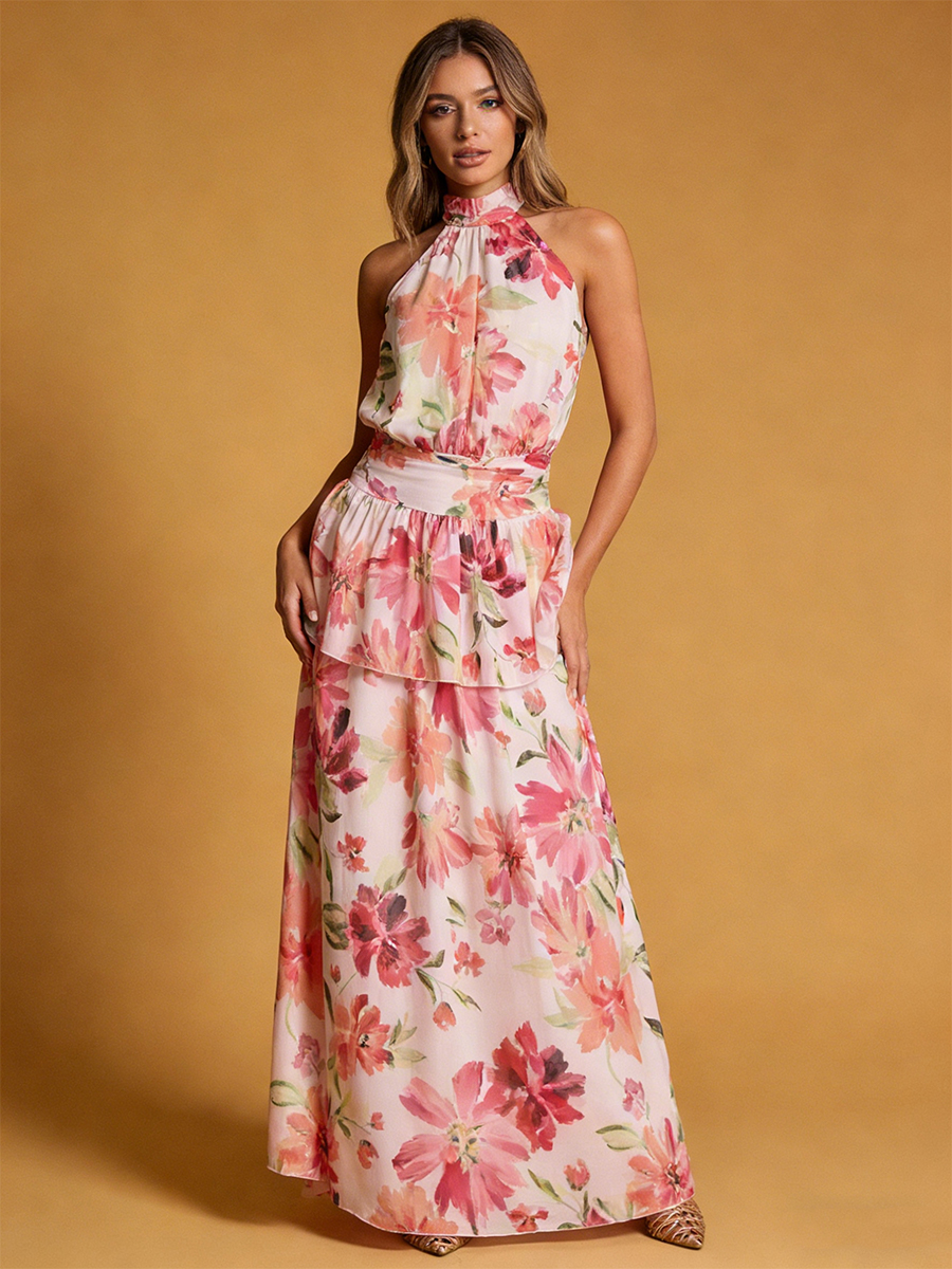 A-Line Halter Chiffon Floor-Length Dress with Floral Print & Tiered Ruffle Detail for Wedding Guest