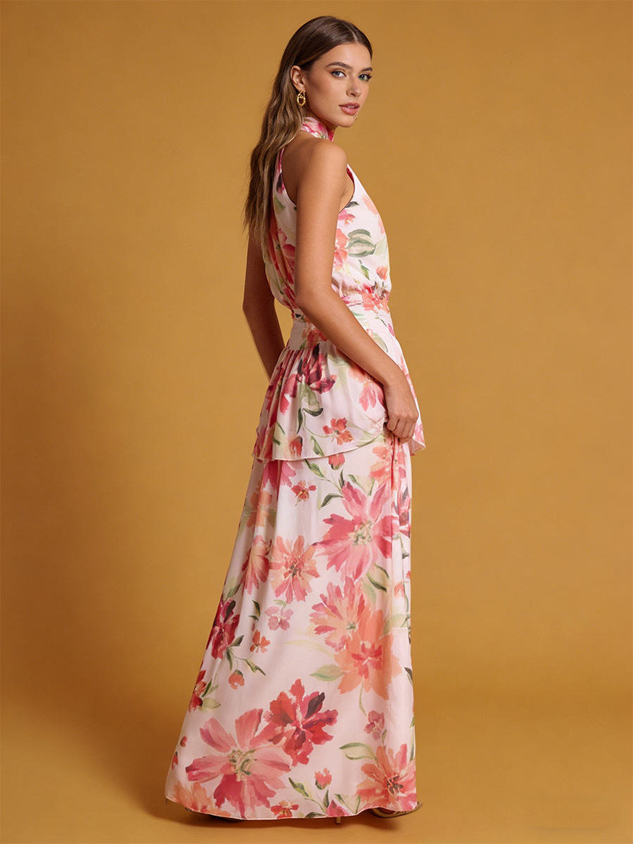 A-Line Halter Chiffon Floor-Length Dress with Floral Print & Tiered Ruffle Detail for Wedding Guest