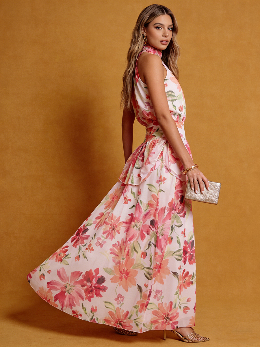 A-Line Halter Chiffon Floor-Length Dress with Floral Print & Tiered Ruffle Detail for Wedding Guest