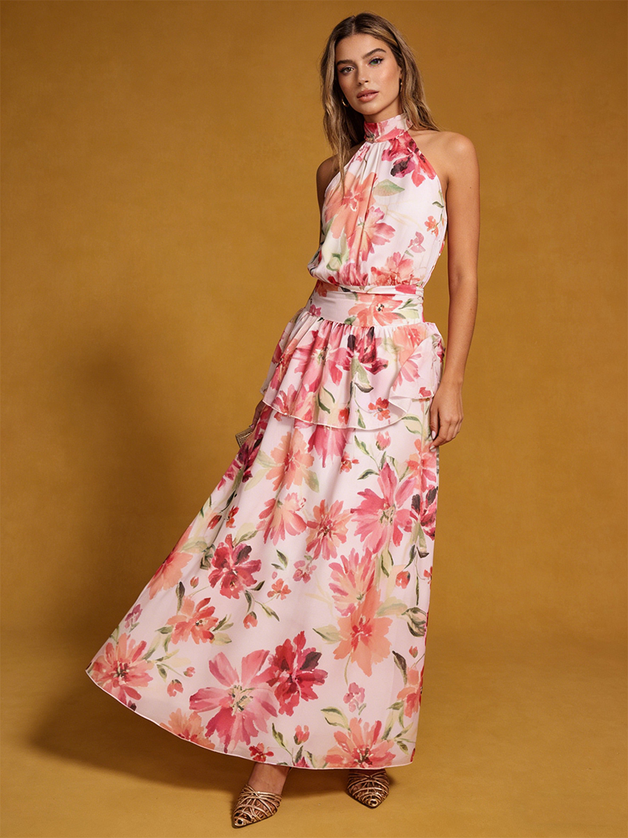 A-Line Halter Chiffon Floor-Length Dress with Floral Print & Tiered Ruffle Detail for Wedding Guest