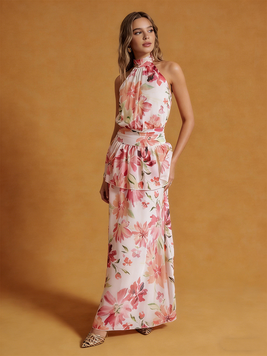 A-Line Halter Chiffon Floor-Length Dress with Floral Print & Tiered Ruffle Detail for Wedding Guest