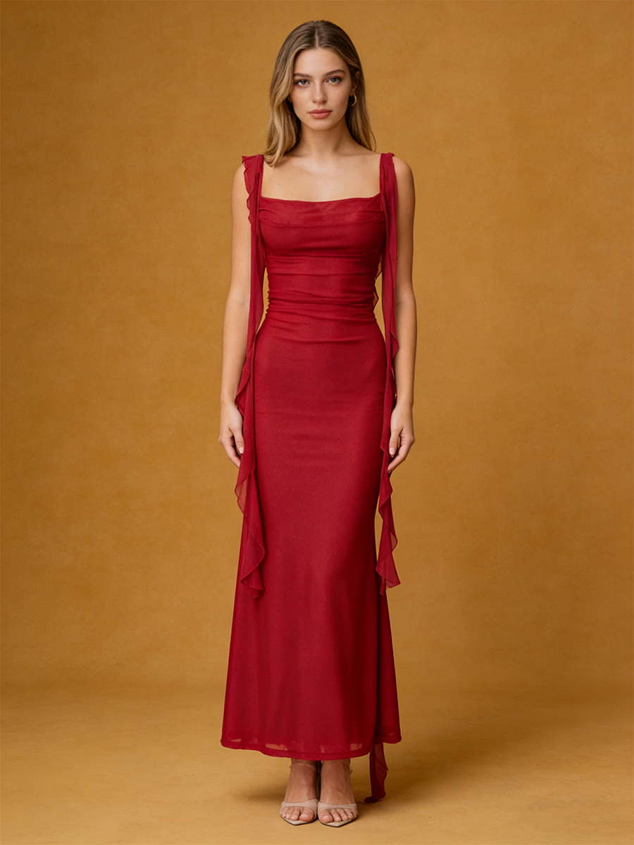 Mermaid Square Neck Mesh Floor-Length Dress with Ruched & Draped Shoulder Ties for Wedding Guest