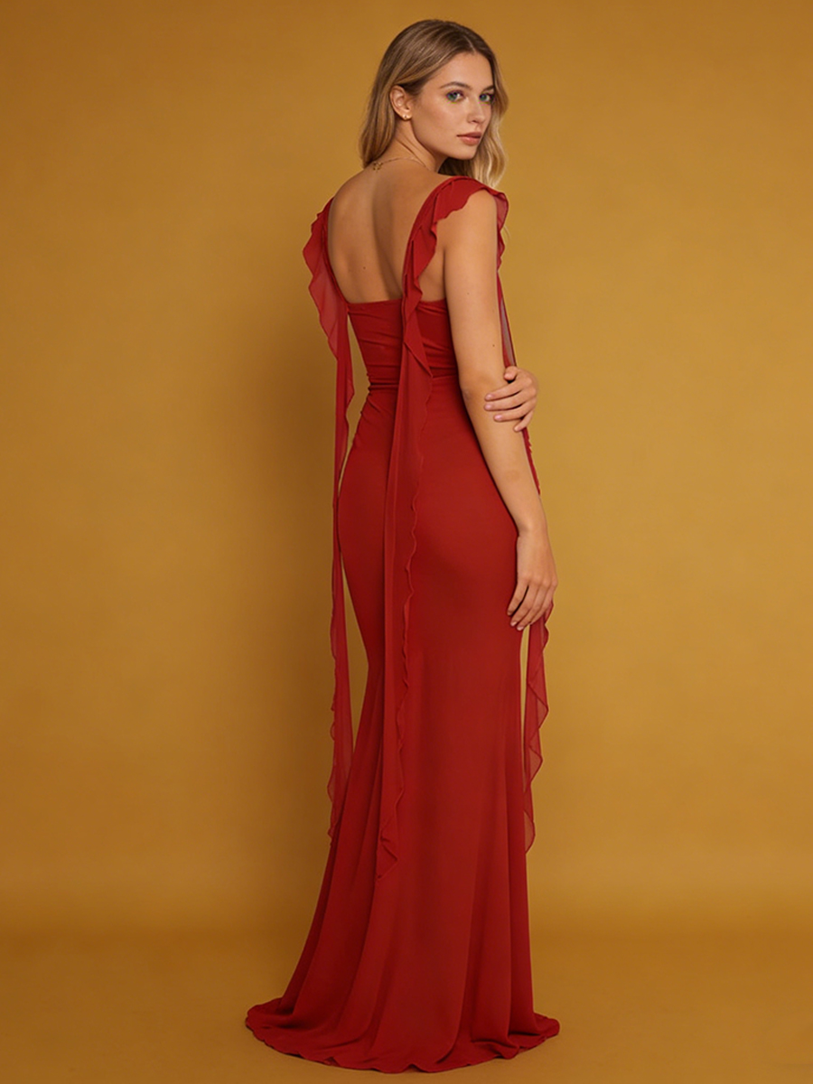 Mermaid Square Neck Mesh Floor-Length Dress with Ruched & Draped Shoulder Ties for Wedding Guest