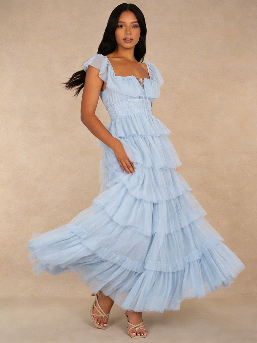 A-Line Sweetheart Neckline Tulle Maxi Dress with Tiered Ruffle for Wedding Guest