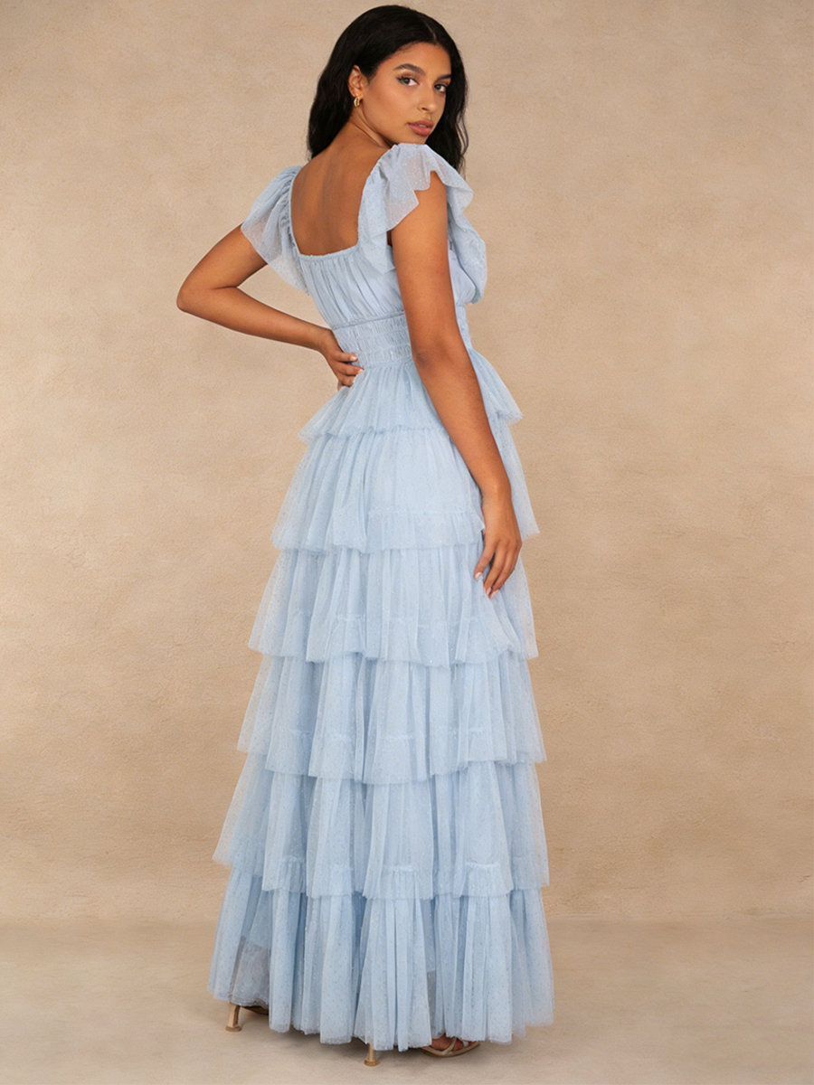 A-Line Sweetheart Neckline Tulle Maxi Dress with Tiered Ruffle for Wedding Guest