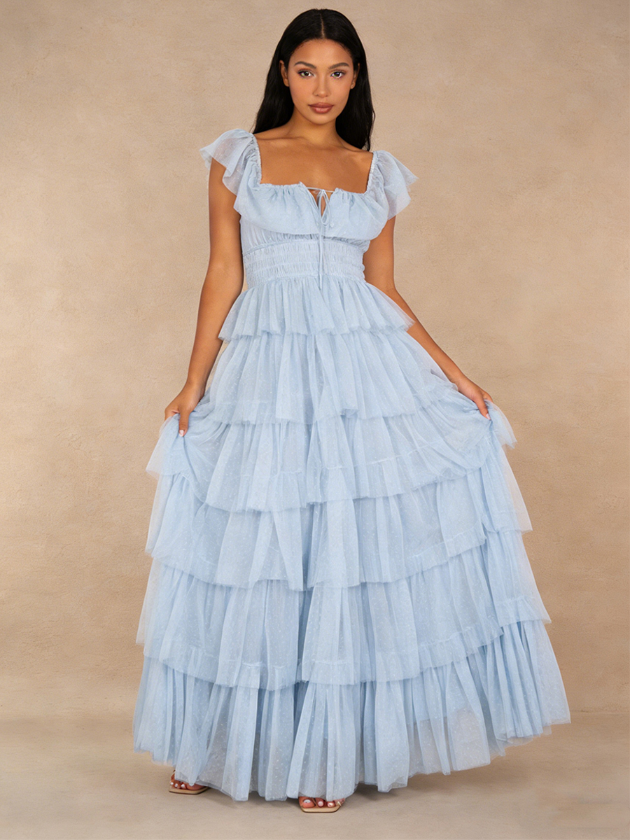 A-Line Sweetheart Neckline Tulle Maxi Dress with Tiered Ruffle for Wedding Guest