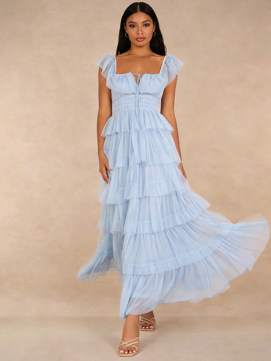 A-Line Sweetheart Neckline Tulle Maxi Dress with Tiered Ruffle for Wedding Guest