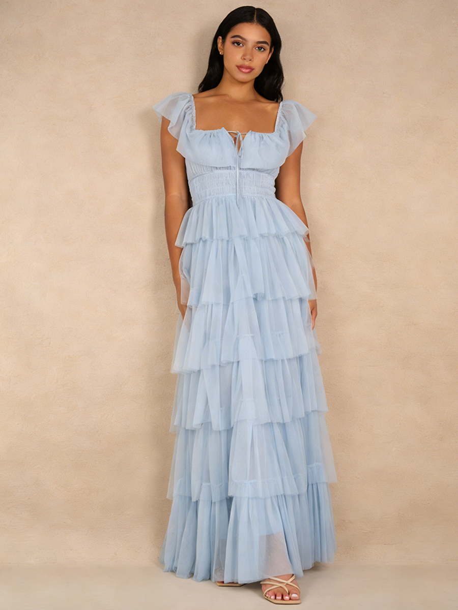 A-Line Sweetheart Neckline Tulle Maxi Dress with Tiered Ruffle for Wedding Guest