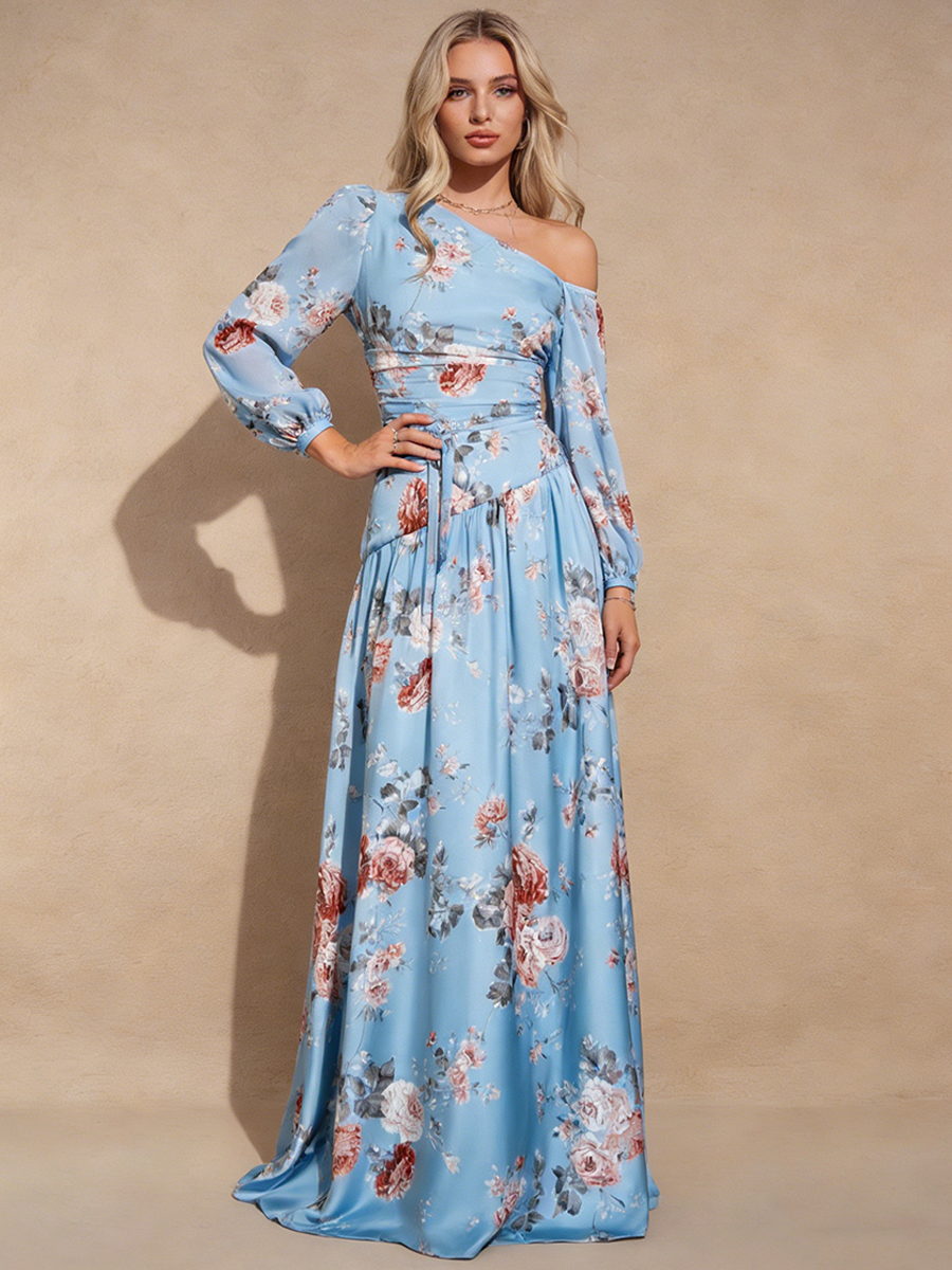 A-Line One-Shoulder Satin Floor-Length Dress with Floral Print for Wedding Guest
