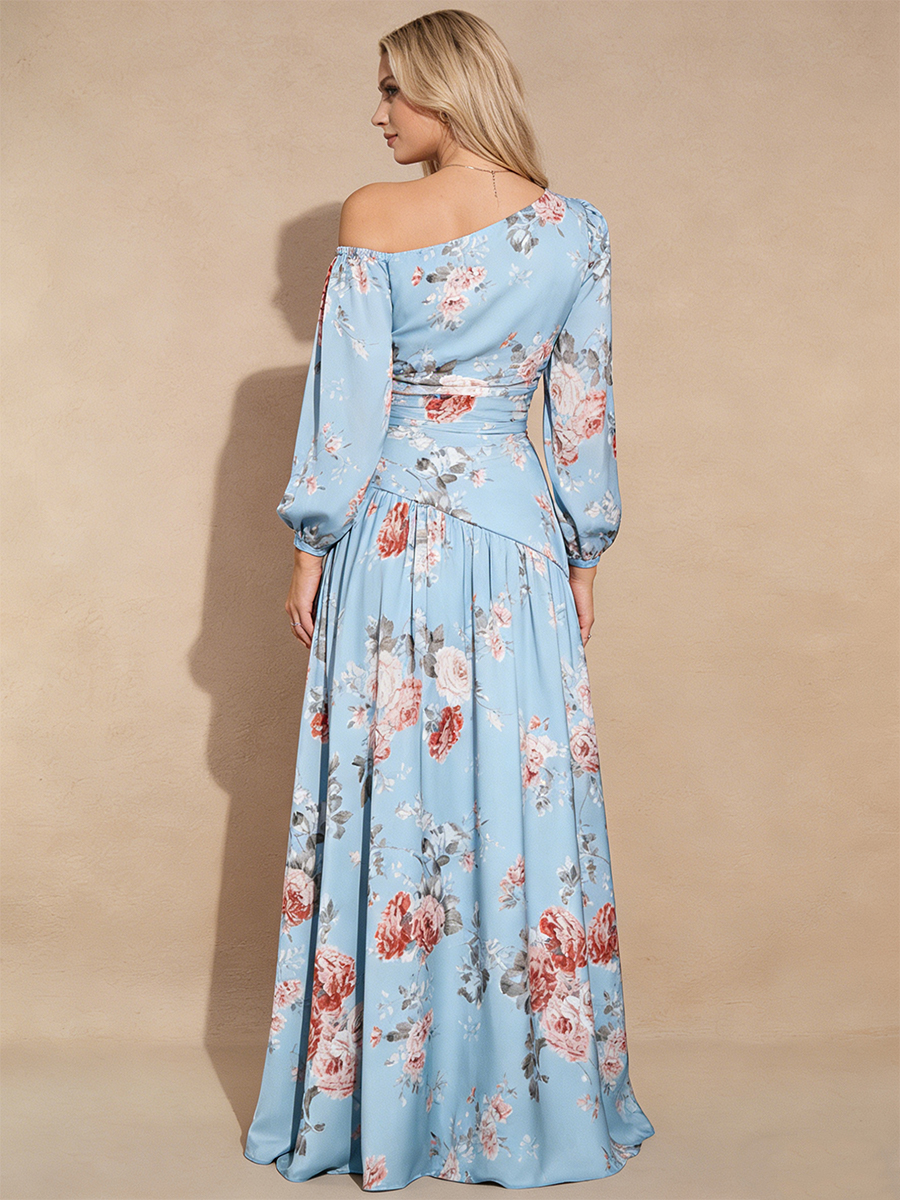 A-Line One-Shoulder Satin Floor-Length Dress with Floral Print for Wedding Guest