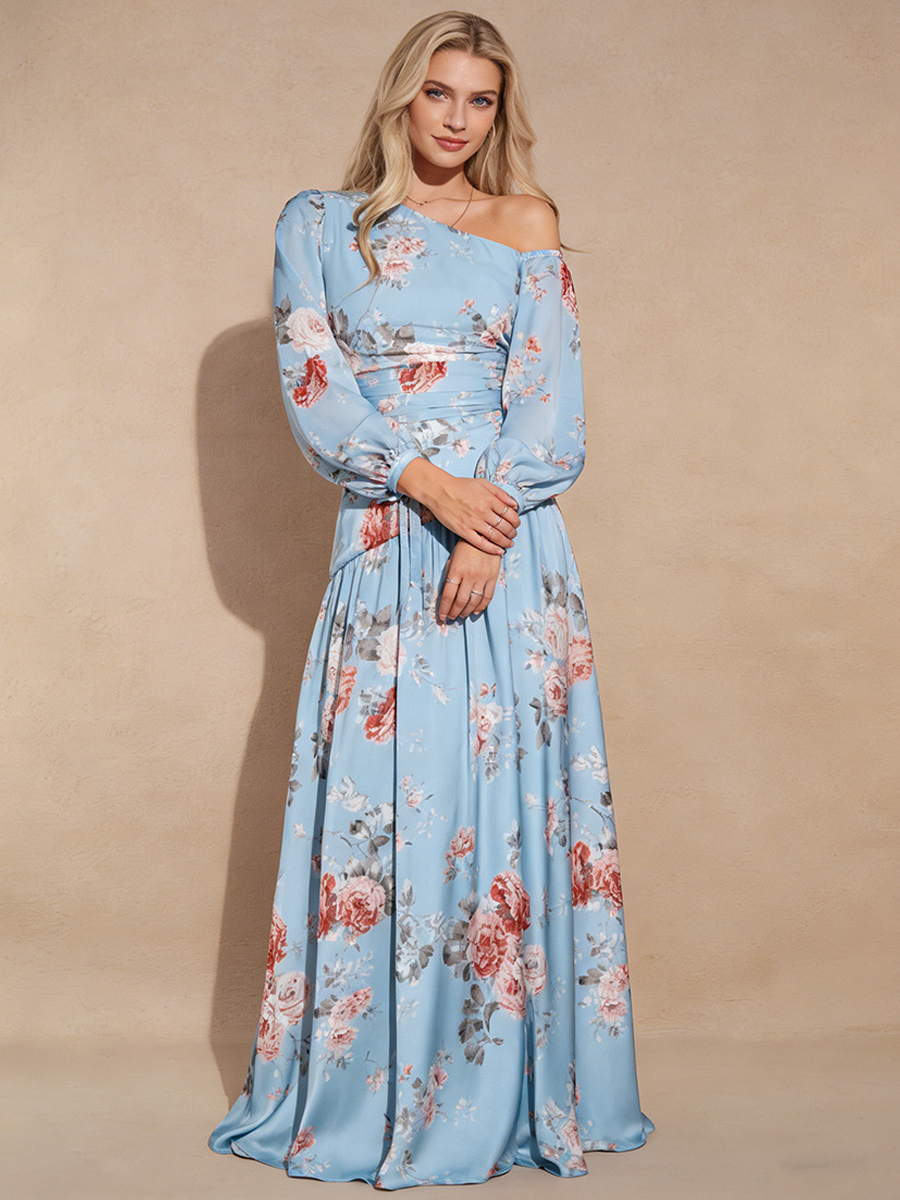 A-Line One-Shoulder Satin Floor-Length Dress with Floral Print for Wedding Guest