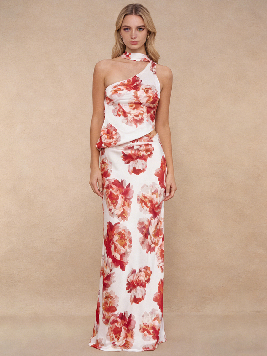Sheath Halter Satin Floor-Length Dress with Floral Print & Cut-Out Detail for Wedding Guest