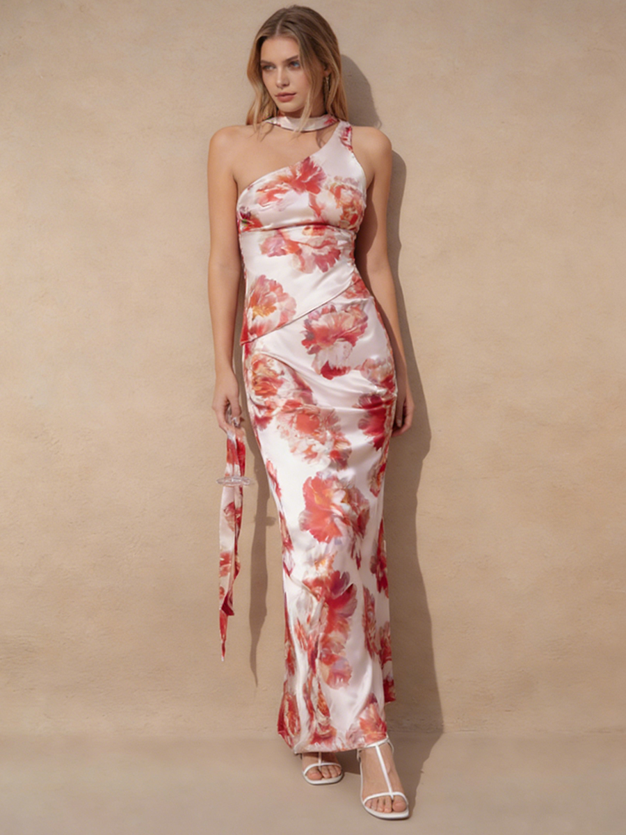 Sheath Halter Satin Floor-Length Dress with Floral Print & Cut-Out Detail for Wedding Guest