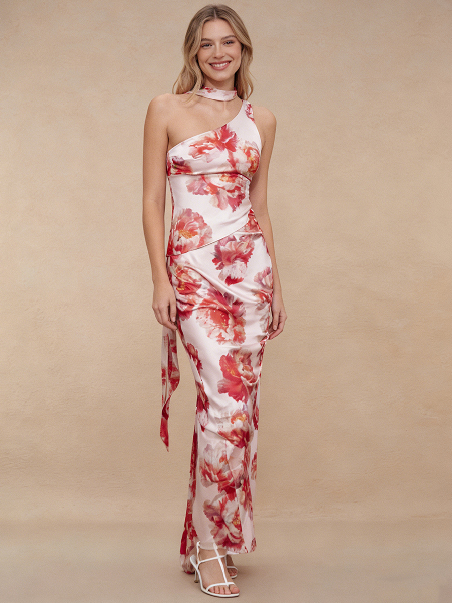 Sheath Halter Satin Floor-Length Dress with Floral Print & Cut-Out Detail for Wedding Guest
