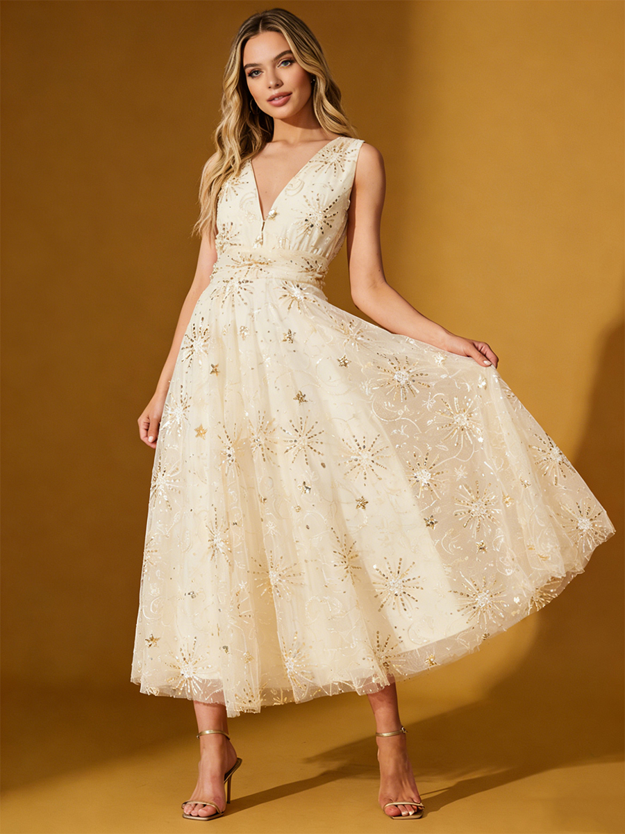A-Line V-Neck Tulle Midi Dress with Gold Embroidery for Wedding Guest