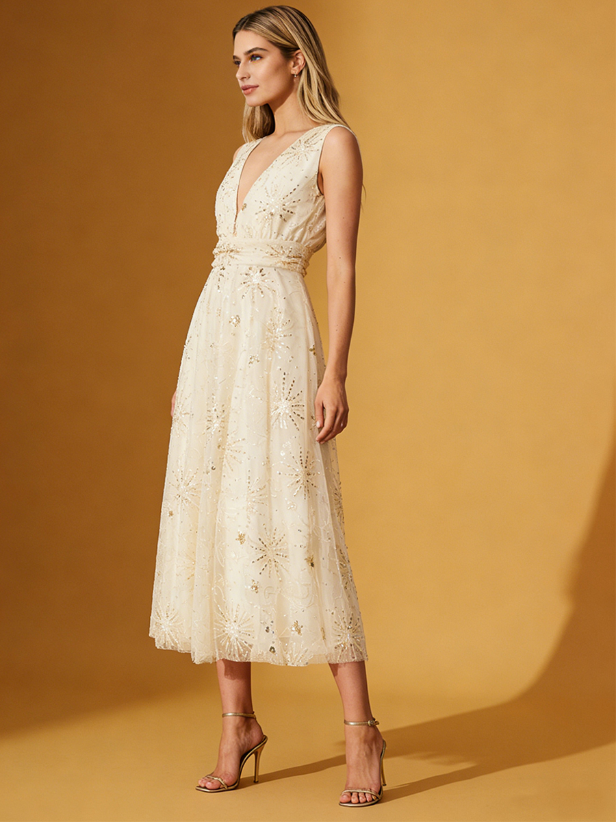 A-Line V-Neck Tulle Midi Dress with Gold Embroidery for Wedding Guest