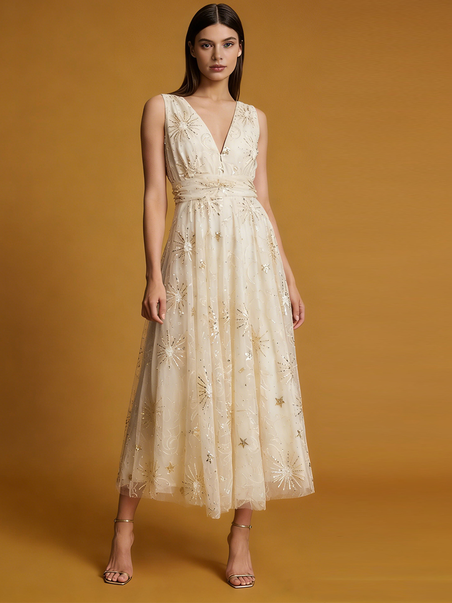 A-Line V-Neck Tulle Midi Dress with Gold Embroidery for Wedding Guest