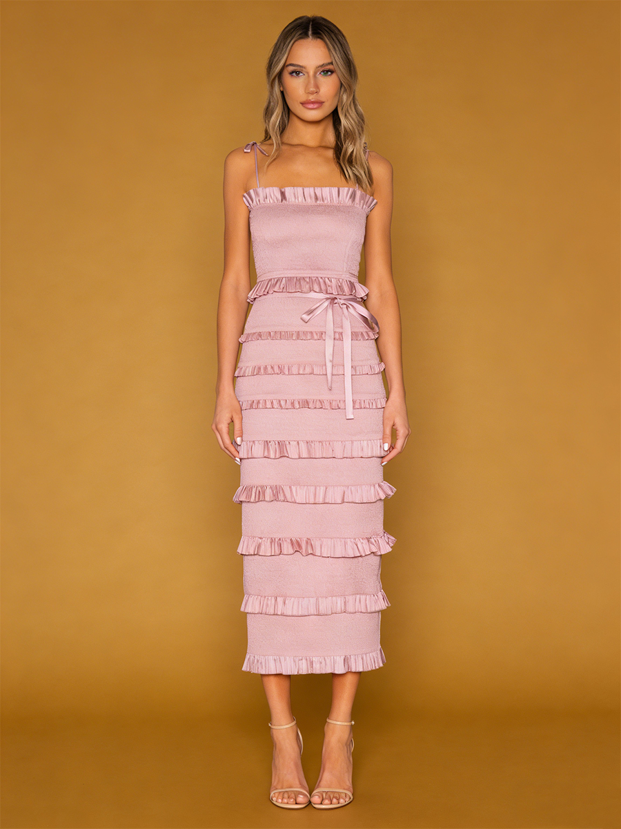 Sheath Off-the-Shoulder Smocked Midi Dress with Tiered Ruffles for Wedding Guest