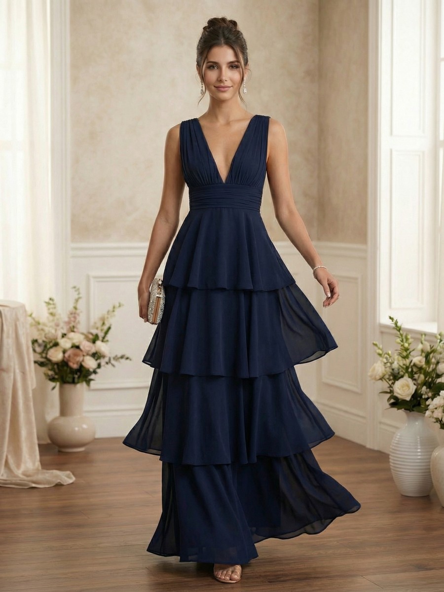 A-Line V-Neck Chiffon Floor-Length Tiered Ruffle Formal Evening Gown