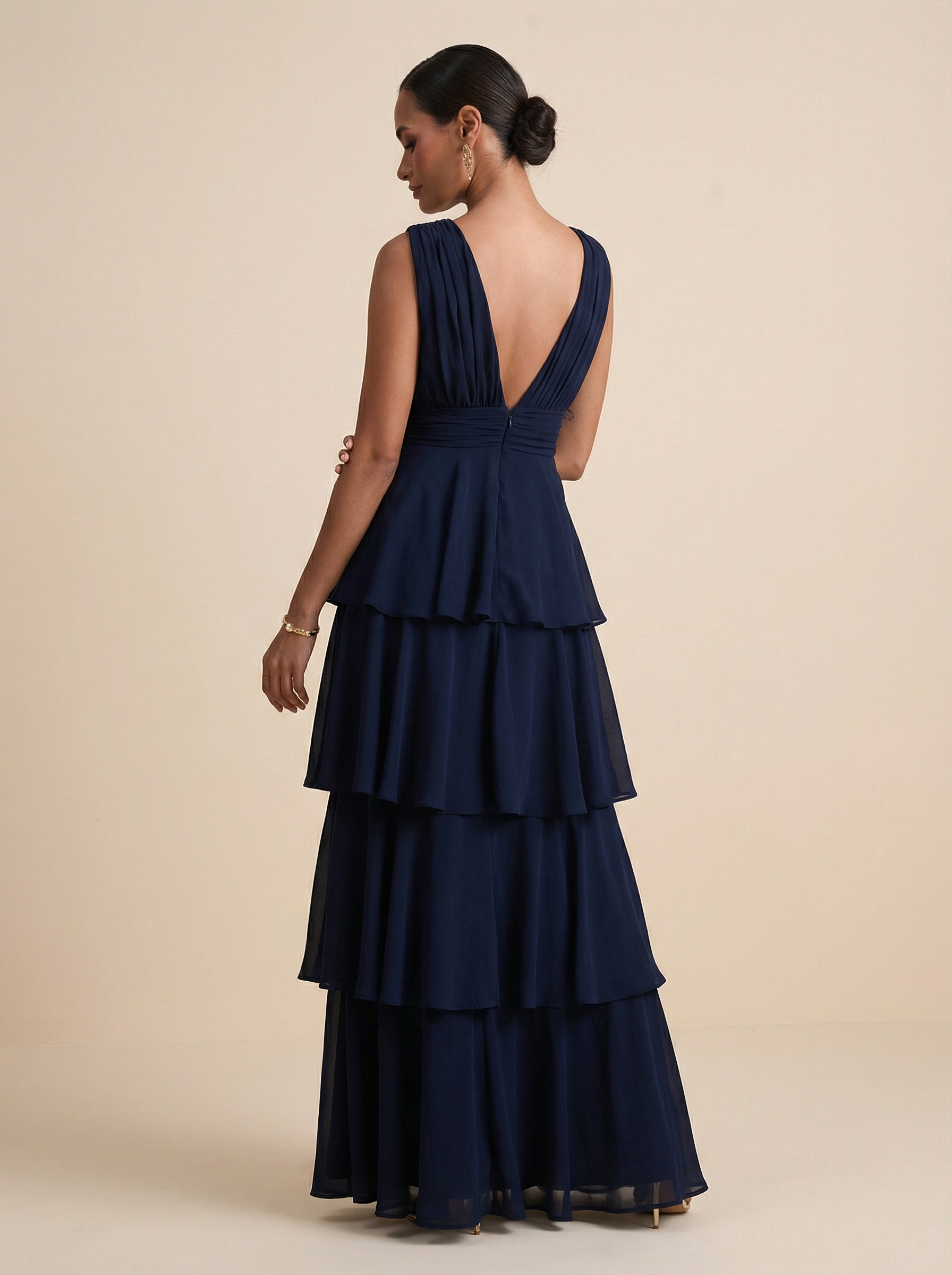 A-Line V-Neck Chiffon Floor-Length Tiered Ruffle Formal Evening Gown