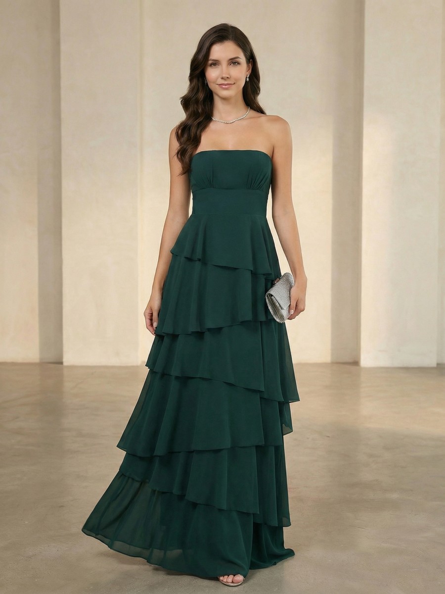 Strapless Tiered Chiffon Floor-Length Bridesmaid Dress