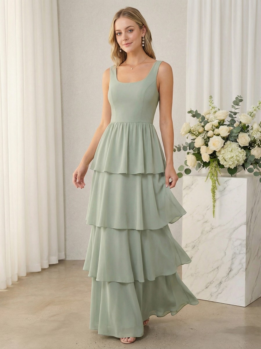 Square Neck Tiered Chiffon Maxi Bridesmaid Dress