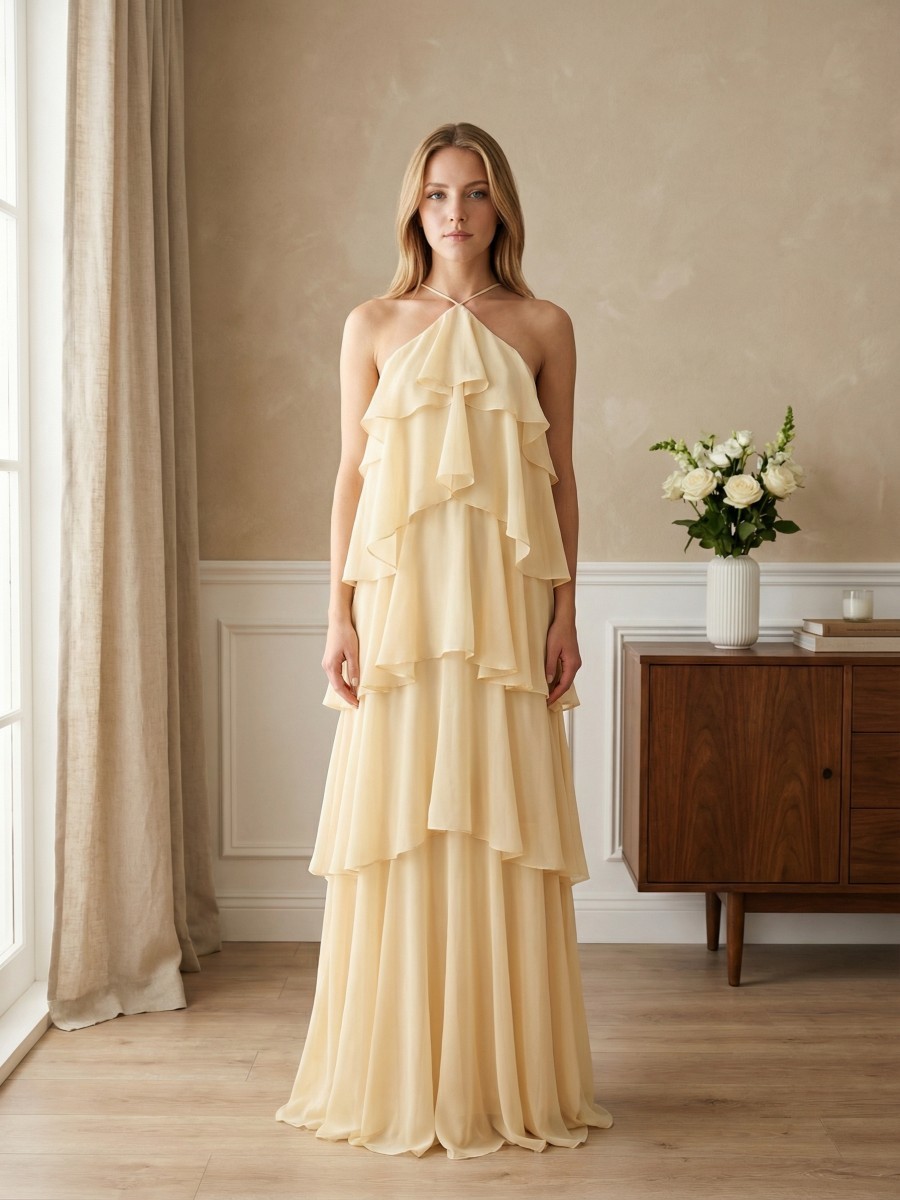 Halter Neck Tiered Chiffon Maxi Dress