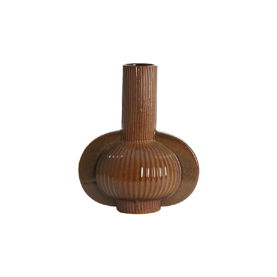 Art Deco Inspired Glossy Brown Ceramic Vase - Textured Ribbed Sculptural Vessel-lohardware.com