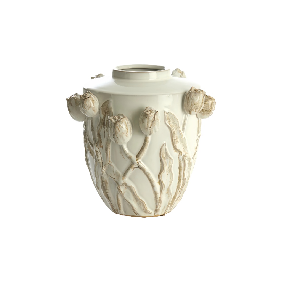 Handcrafted Cream Ceramic Vase with 3D Tulip Relief - Antique Style Floral Decorative Jar-lohardware.com