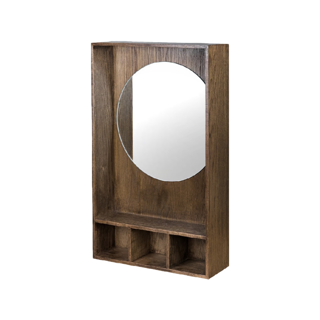 Espejo de pared con estantería integrada y abertura ovalada de madera oscura (30 × 18 in)-sanderssmith.shop