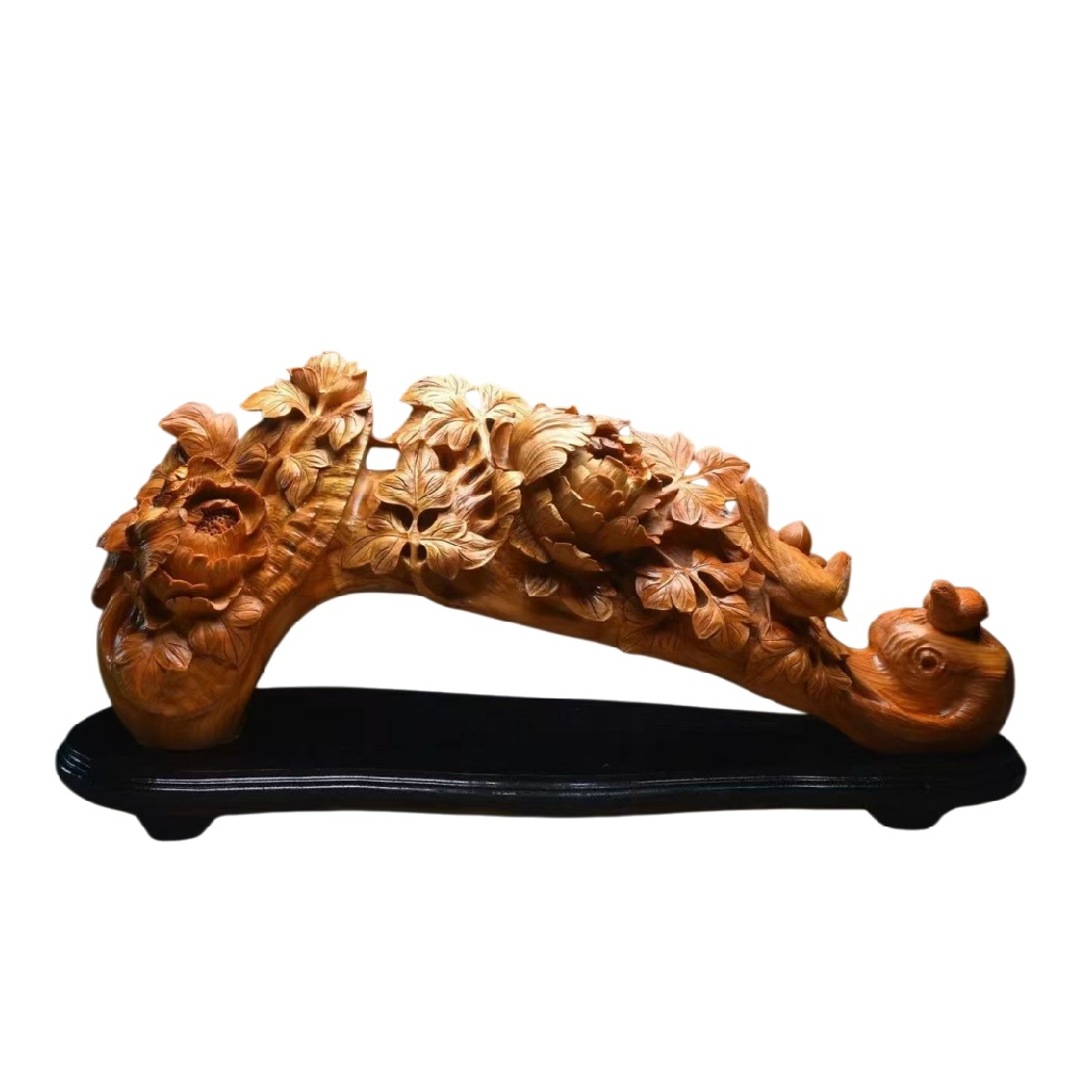 天然木 職人手彫り 木彫像「白菜と花」- 室内装飾品・伝統工芸