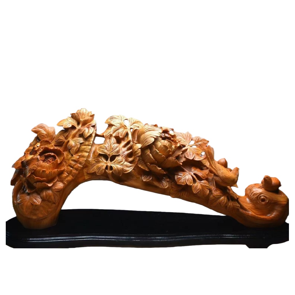 天然木 職人手彫り 木彫像「白菜と花」- 室内装飾品・伝統工芸