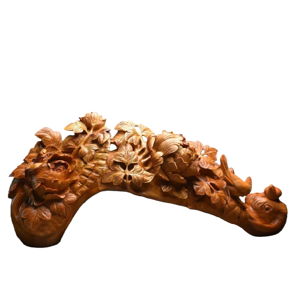 天然木 職人手彫り 木彫像「白菜と花」- 室内装飾品・伝統工芸