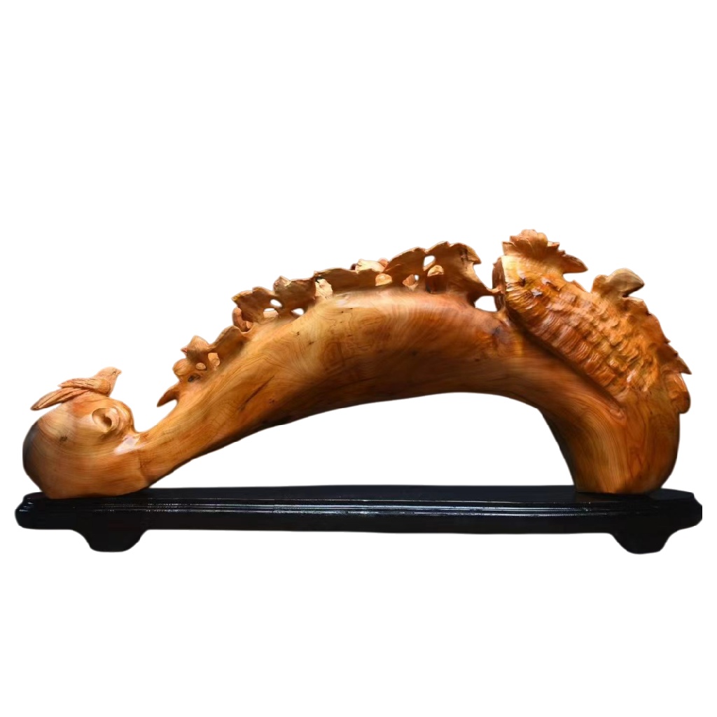 天然木 職人手彫り 木彫像「白菜と花」- 室内装飾品・伝統工芸